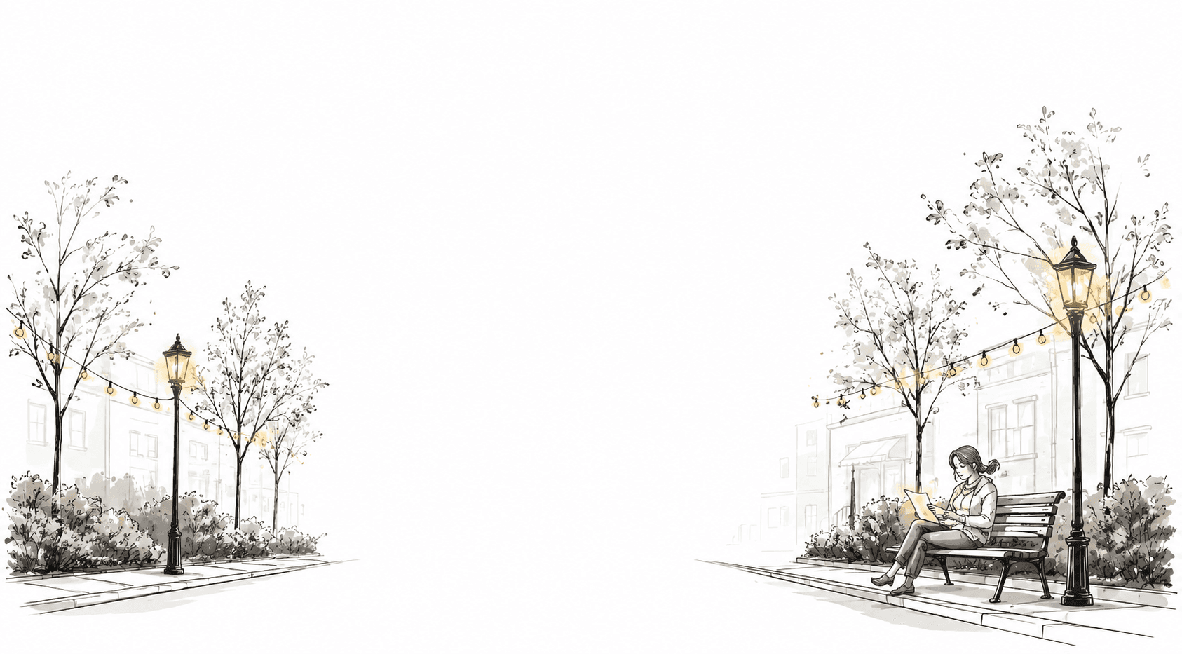 Watercolor sidewalk scene with trees, lanterns, and a woman reviewing papers on a bench.