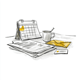 Illustration of renewal paperwork and a checked calendar.